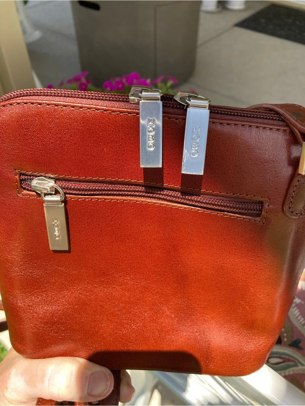 HOBO Leather Crossbody rich cognac leather color with Silver Hardware